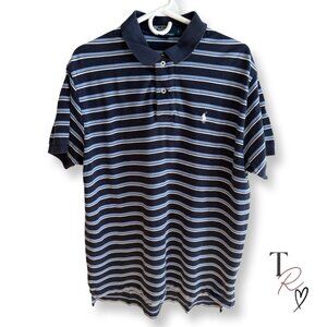 Polo by Ralph Lauren Striped Polo Shirt Navy Blue + Light Blue Size Large
